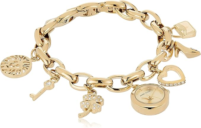 Anne Klein Women's Premium Crystal Accented Gold Tone Charm Bracelet Watch